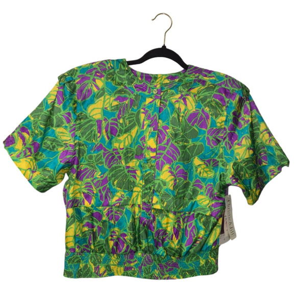 Vintage Christie & Jill Womens Large Top Blouse Green Purple Abstract Floral NOS - Picture 1 of 14